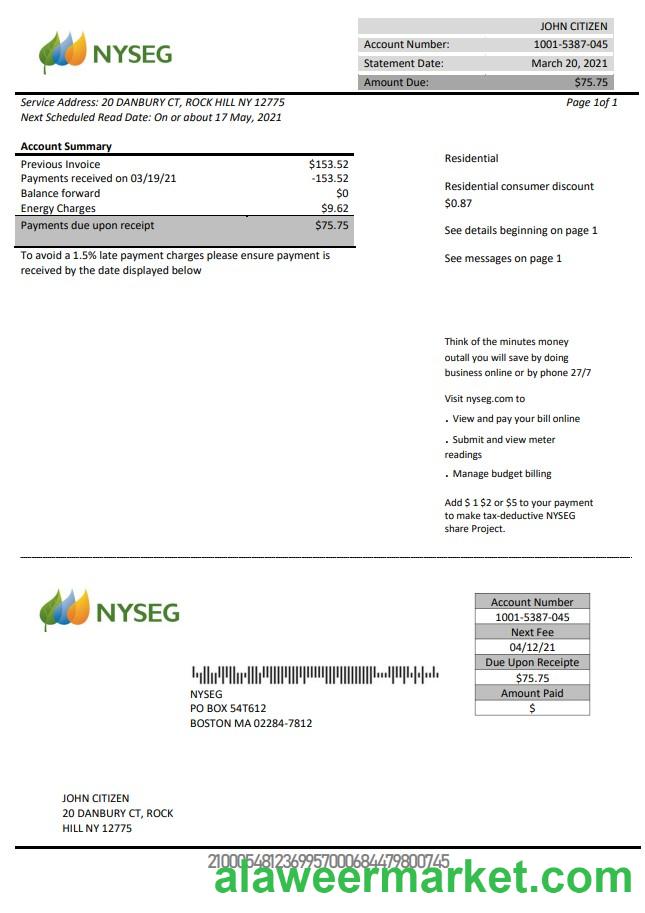 USA Massachusetts Boston NYSEG electricity utility bill template in Word and PDF format